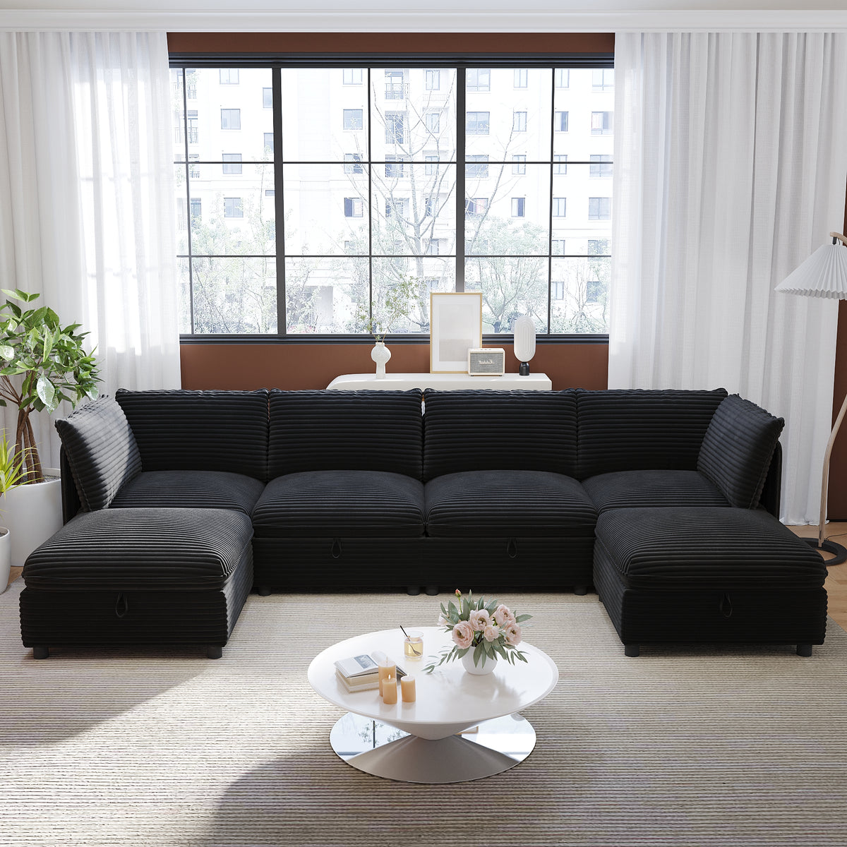 GDFStudio Erte 125  Modular 6-Seat Corduroy Upholstered Convertible Sectional Sofa with Storage, Black