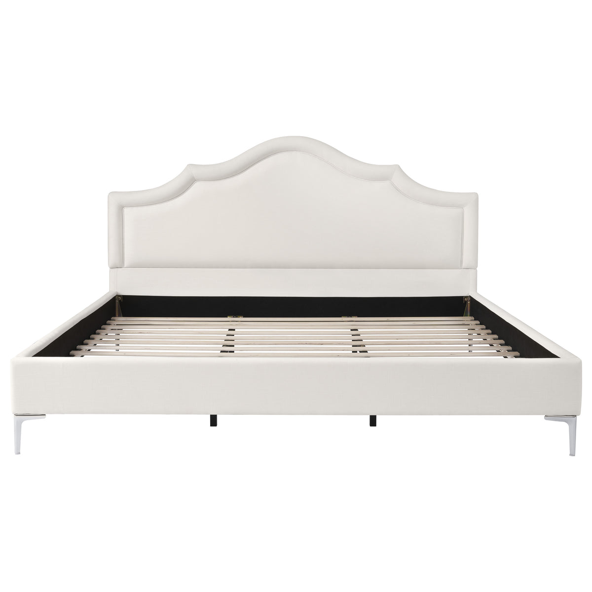 Christopher Knight Home Vespera Wooden Linen Bed Frame with Curved Thick Padded Headboard and Iron Legs, White, King