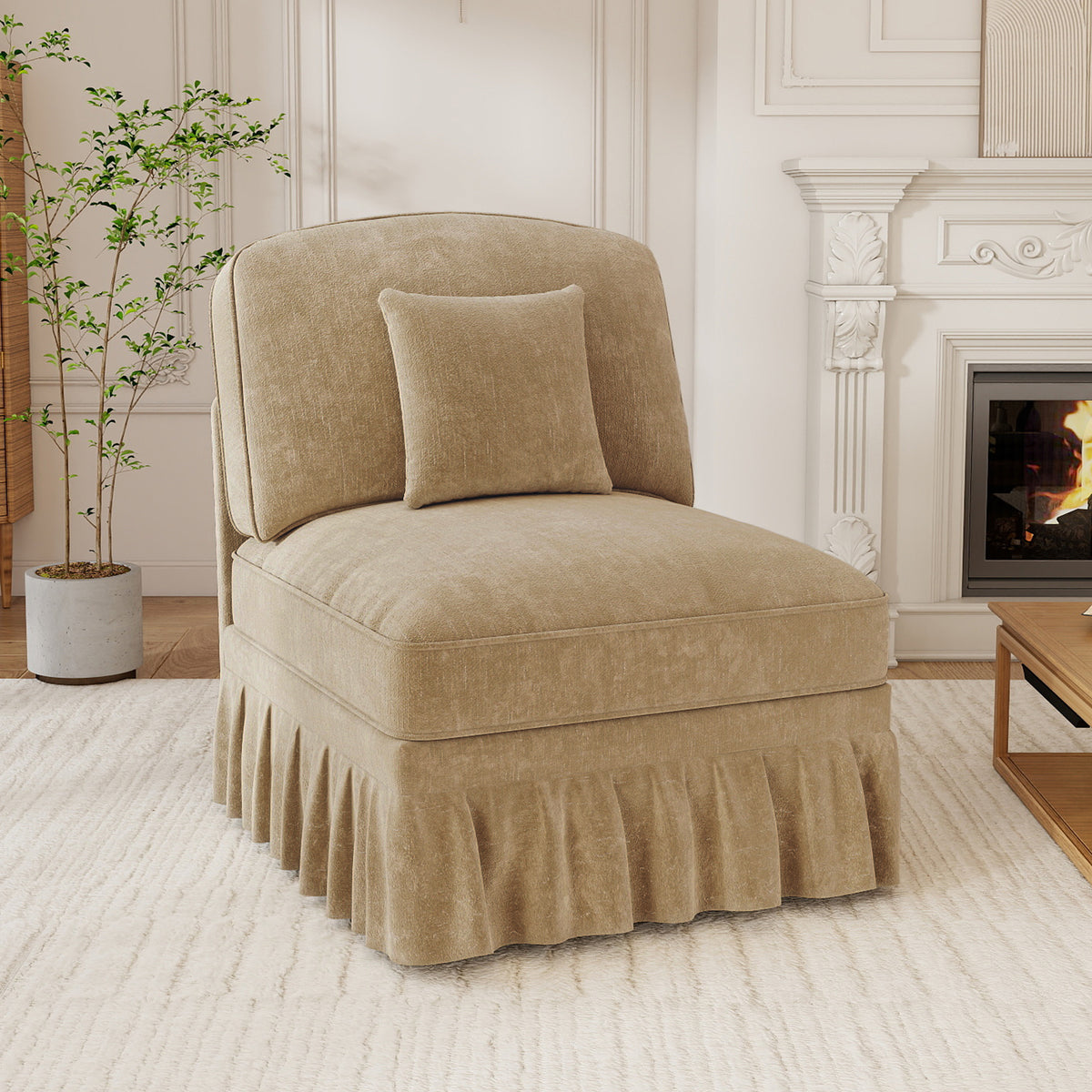 GDFStudio Lorien 31  W Chenille Upholstered Ruffle Skirt Armlesschair, Light Coffee