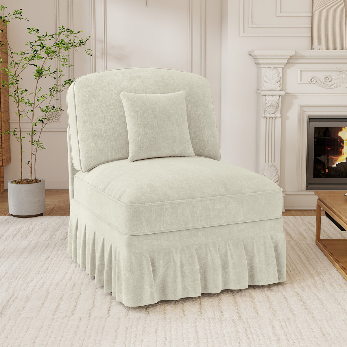 GDFStudio Lorien 31  W Chenille Upholstered Ruffle Skirt Armlesschair, White