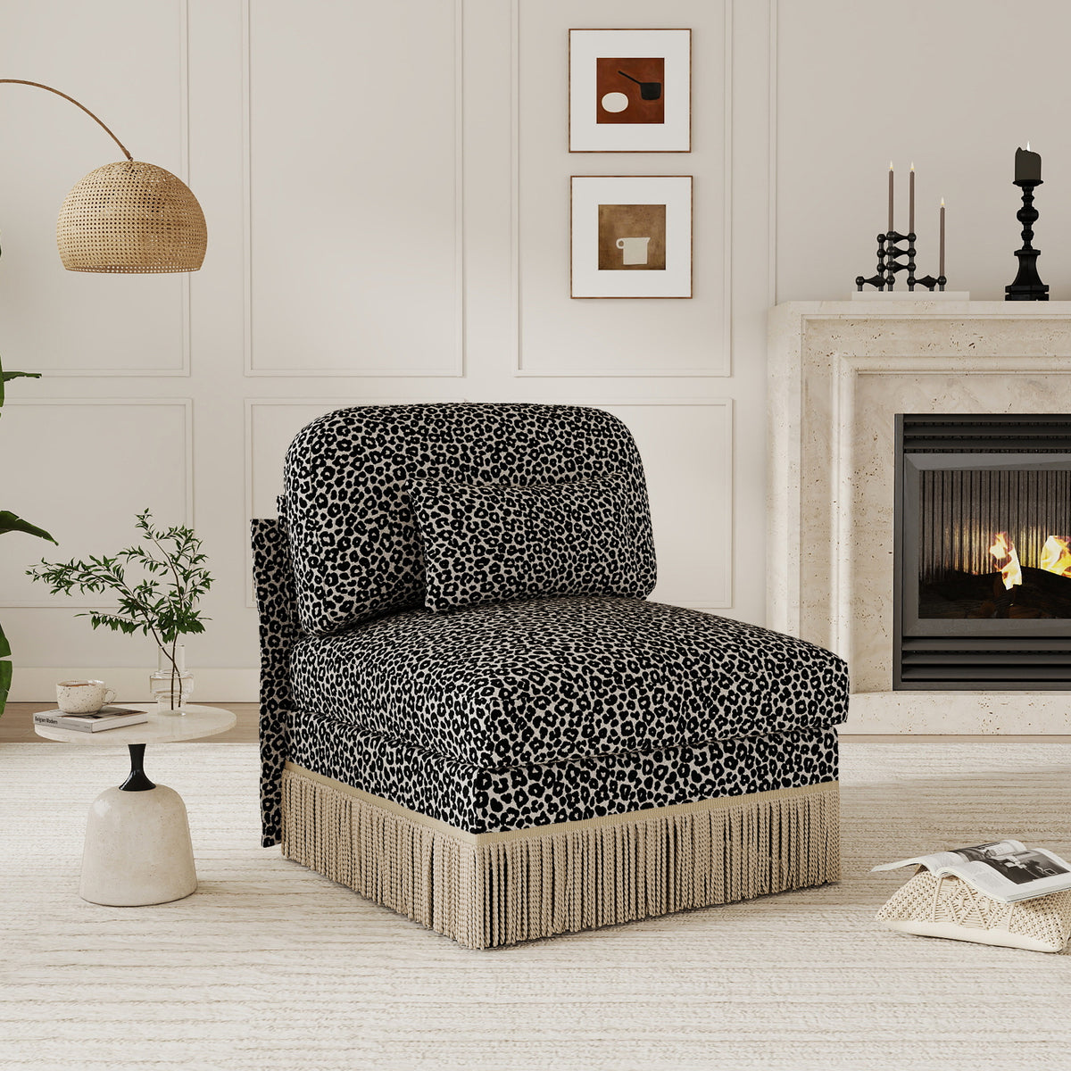 GDFStudio Alke 32  Modern Leopard Chenille Upholstered Armlesschair Khaki/Black