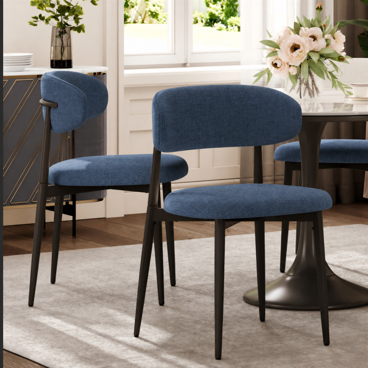 GDFStudio Carlita Modern Linen Fabric Upholstered Metal Dining Chairs (Set of 2), Navy