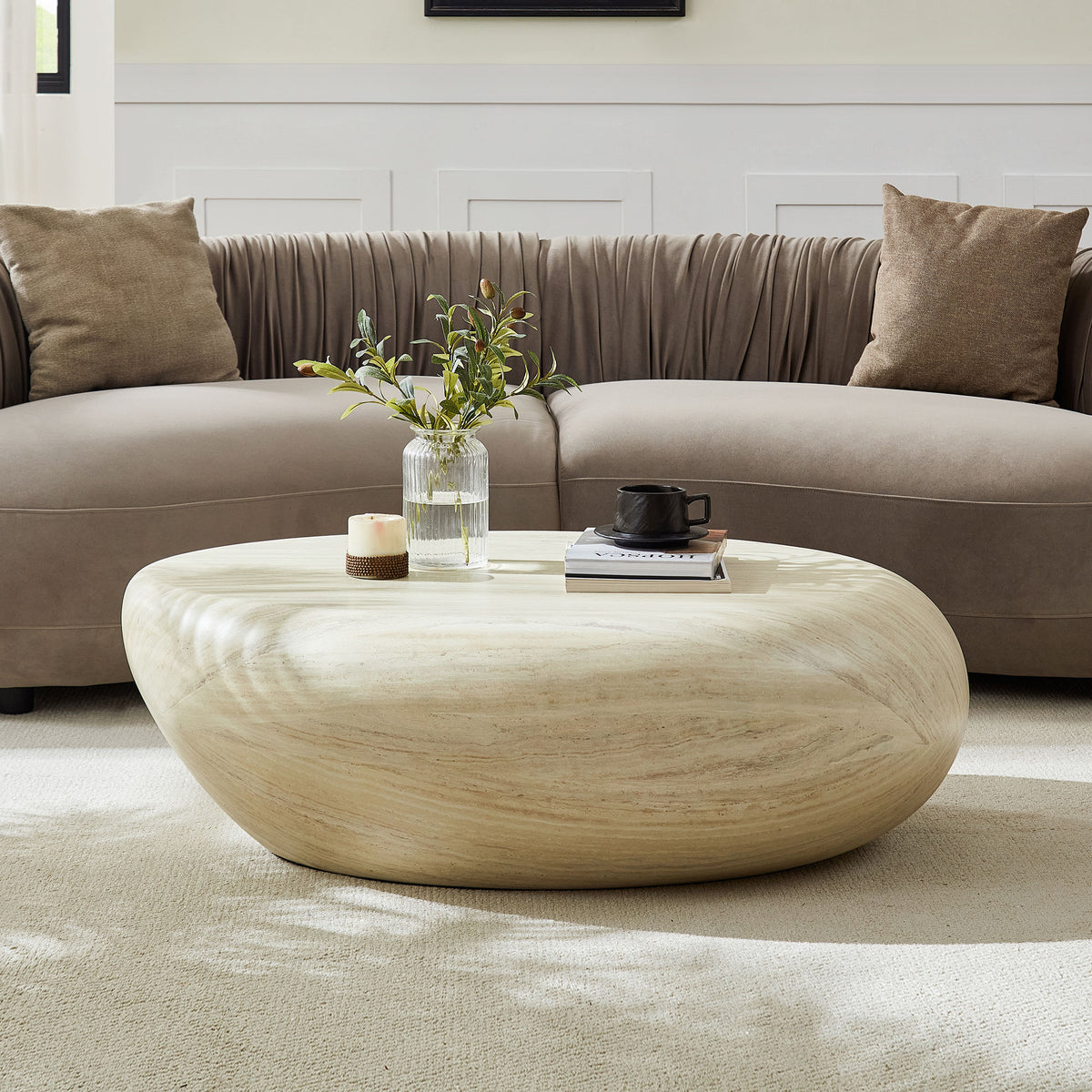 GDFStudio Soren 43 Inch Fiberglass Elliptical Coffee Table with Matte Finish, Light Yellow
