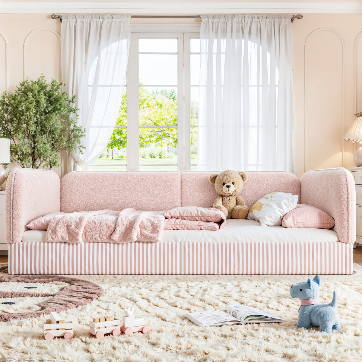 GDFStudio Reginy Montessori Teddy Fleece Upholstered Kids Floor Bed with Guardrails and Slat Support, Pink, Full