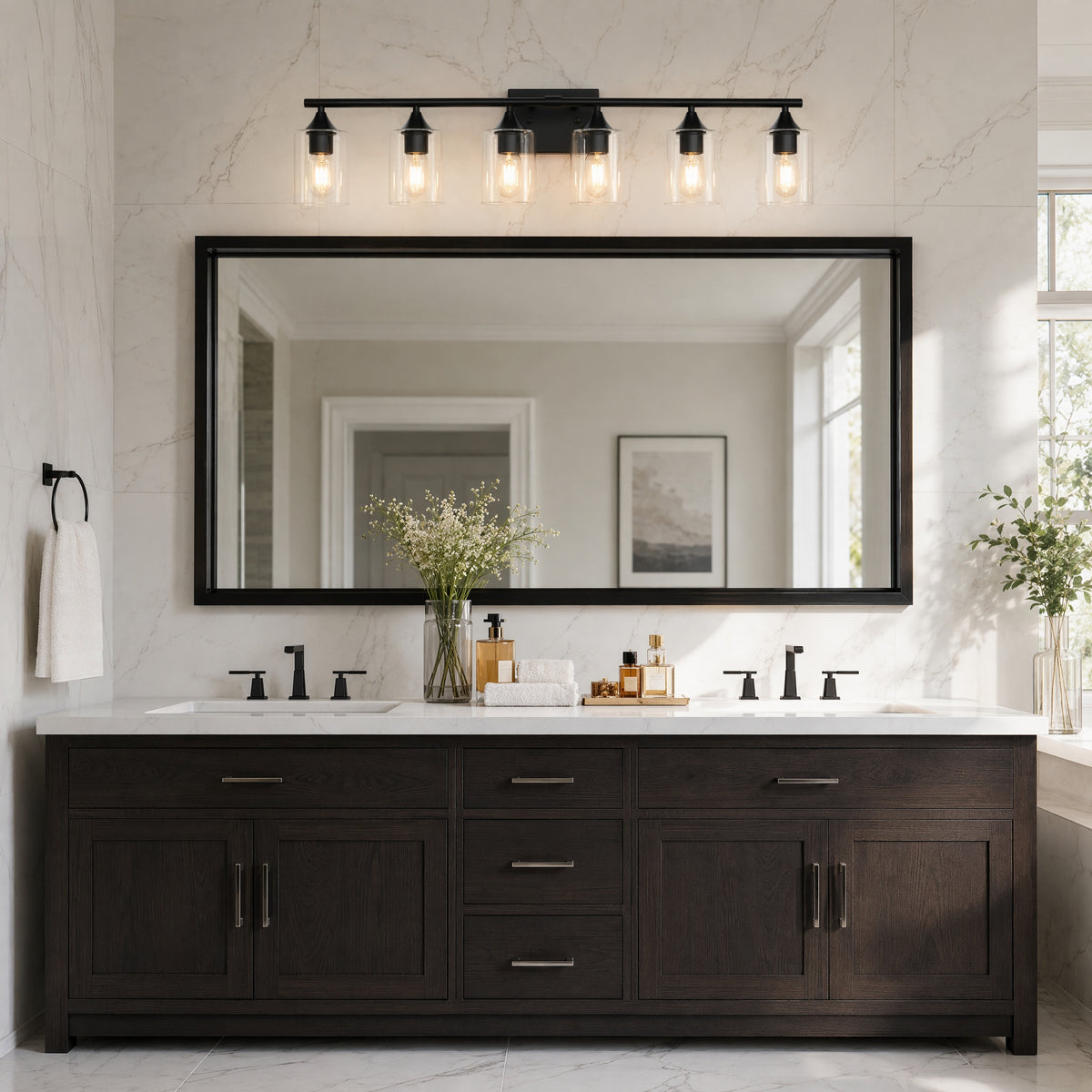 GDFStudio Bennett Modern 6-Light Metal Bathroom Vanity Light with Clear Glass Shades, Black