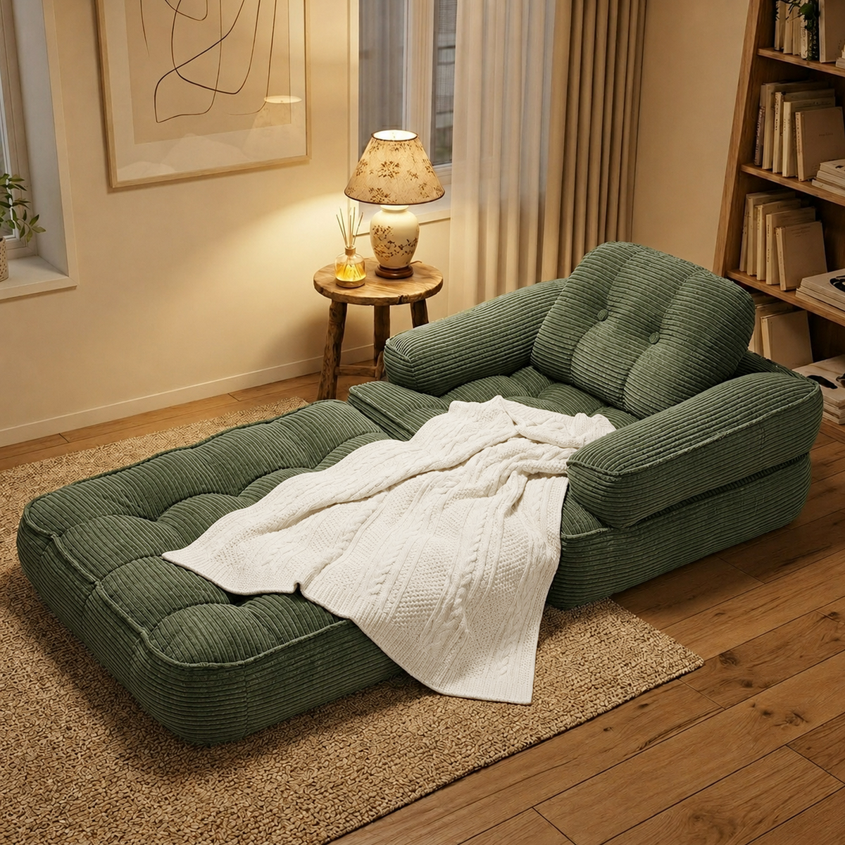 GDFStudio Hazel Modern 2-in-1 Convertible Corduroy Boneless Accent Chair with Pull-Out Lounger, Dark Green