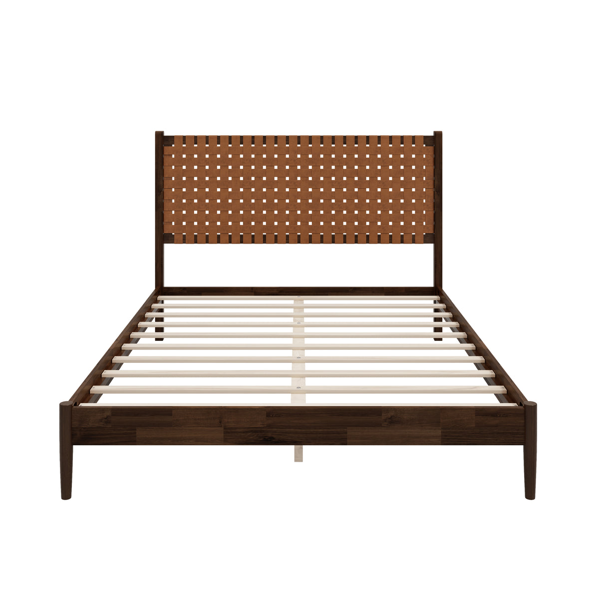 GDFStudio Everett Mid-Century Modern Solid Acacia Wood Platform Bed Frame with Woven Headboard, Dark Brown, Queen