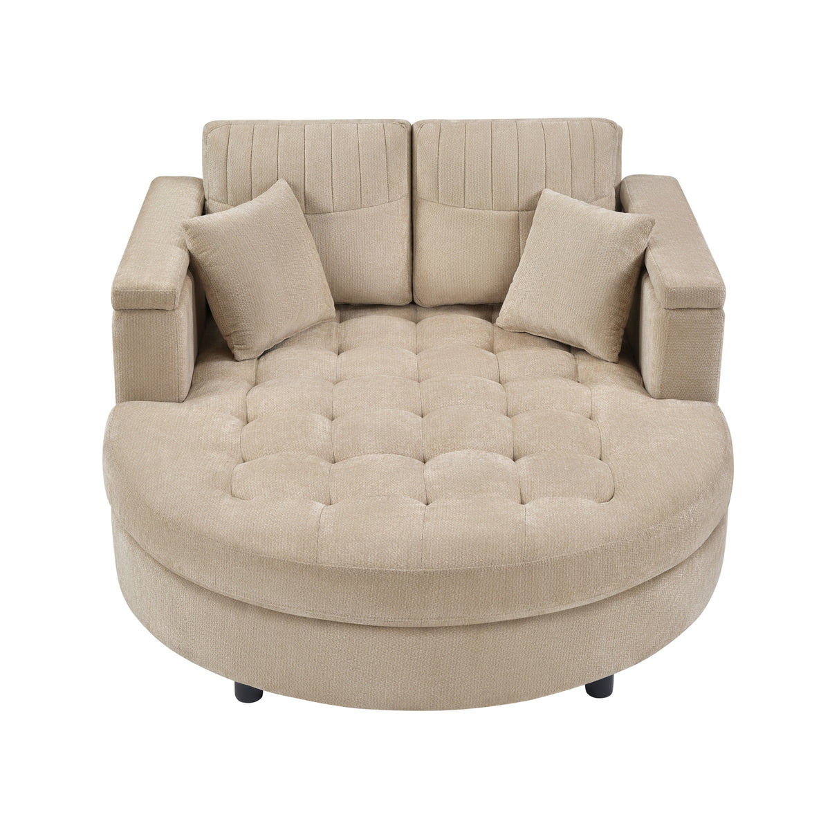 GDFStudio Elara Modern Chenille Curved Chaise Lounge Sofa with Tufted Seat and Storage Armrests, Khaki