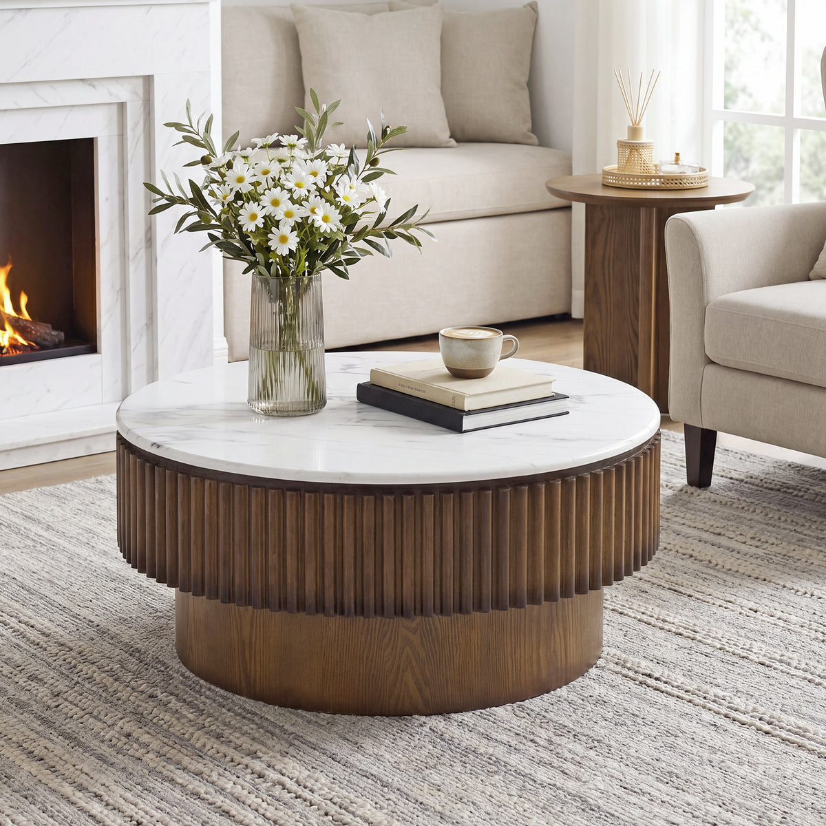 GDFStudio Orlando Modern 31.5" Round Coffee Table with Removable Lid Hidden Storage, Brown/White Faux Marble