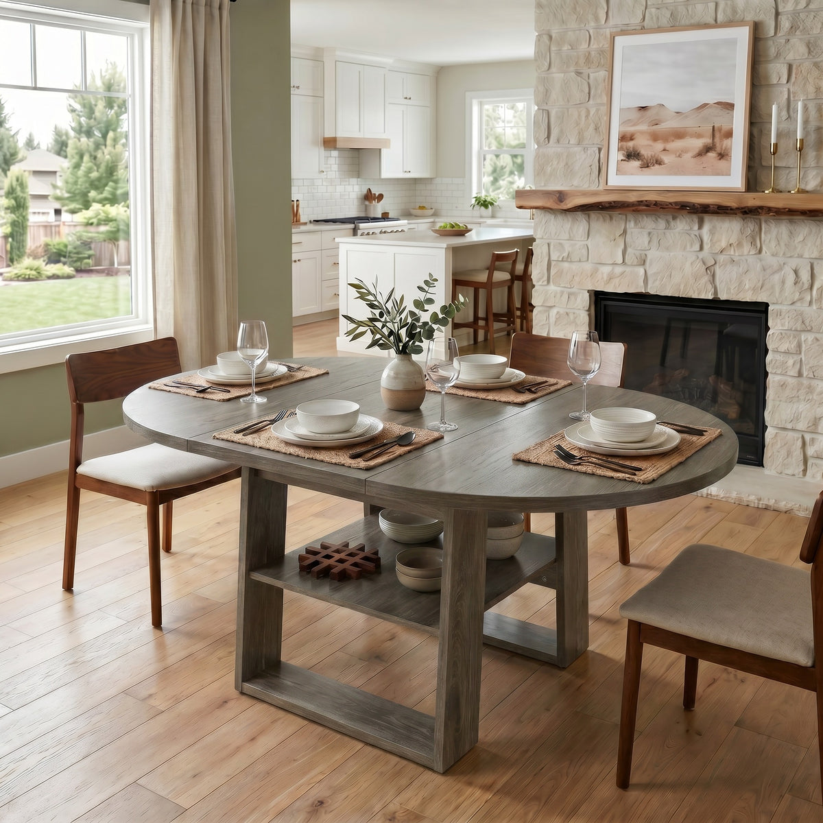 GDFStudio Saige 43.3 -59  Extendable Wood Dining Table with Butterfly Leaf and Storage Shelf, Gray