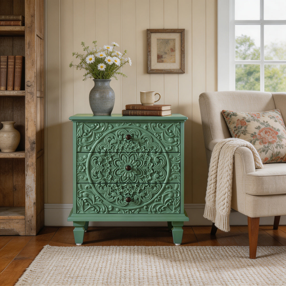 GDFStudio Amelia 23.62  Vintage 3-Drawer Wood Nightstand with Embossed Scroll Carved Fronts, Green