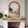 GDFStudio Sionn 20×30 Inch Arched Solid Wood Wall Mirror with Hand-Carved Beaded Frame, Yellowish-Brown