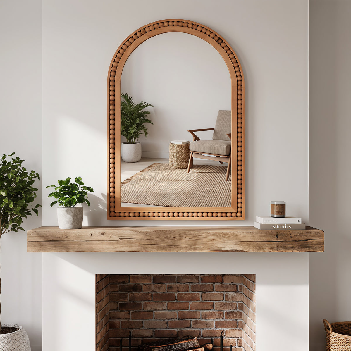 GDFStudio Sionn 20×30 Inch Arched Solid Wood Wall Mirror with Hand-Carved Beaded Frame, Yellowish-Brown