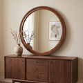 GDFStudio Gilad 30-Inch Round Solid Wood Wall Mirror with Hand-Carved Beaded Frame, Dark Walnut