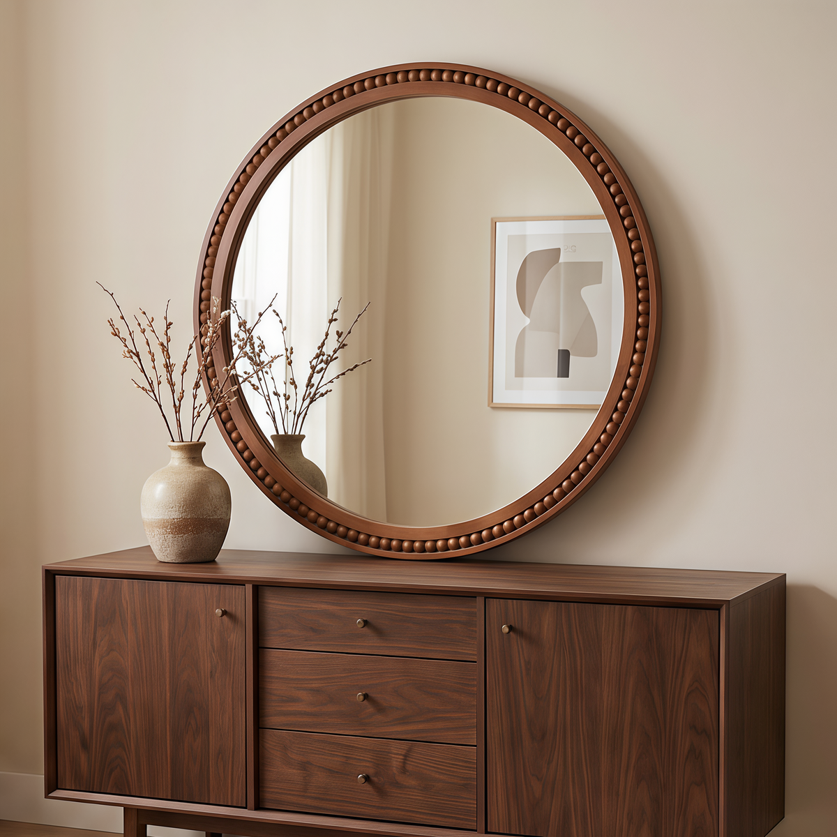 GDFStudio Gilad 30-Inch Round Solid Wood Wall Mirror with Hand-Carved Beaded Frame, Dark Walnut
