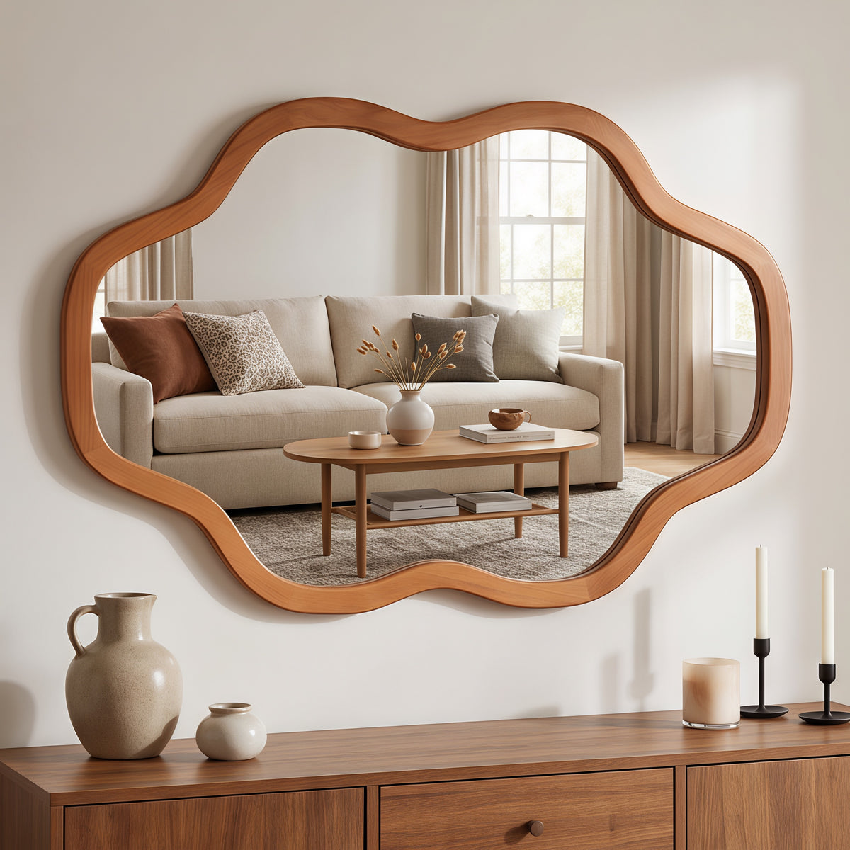 GDFStudio Lillian 20"x30" Cloud-Shaped Solid Wood Wall Mirror with Tempered Glass, Yellowish-Brown