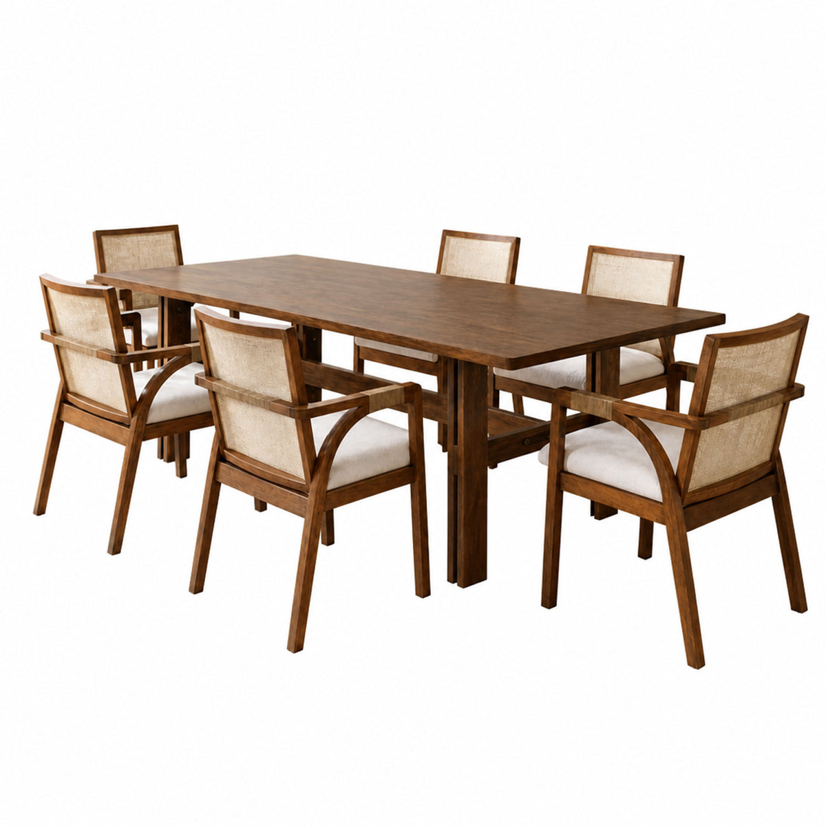Christopher Knight Home Kiro Modern 7 Piece Rubberwood Dining Set with PE Rattan Back and Cushion, Beige/Walnut