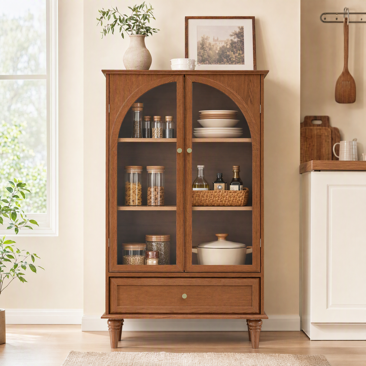 GDFStudio Beatrice Modern 31.5" Accent Cabinet with Arched Glass Doors, Adjustable Shelf and Drawer, Walnut