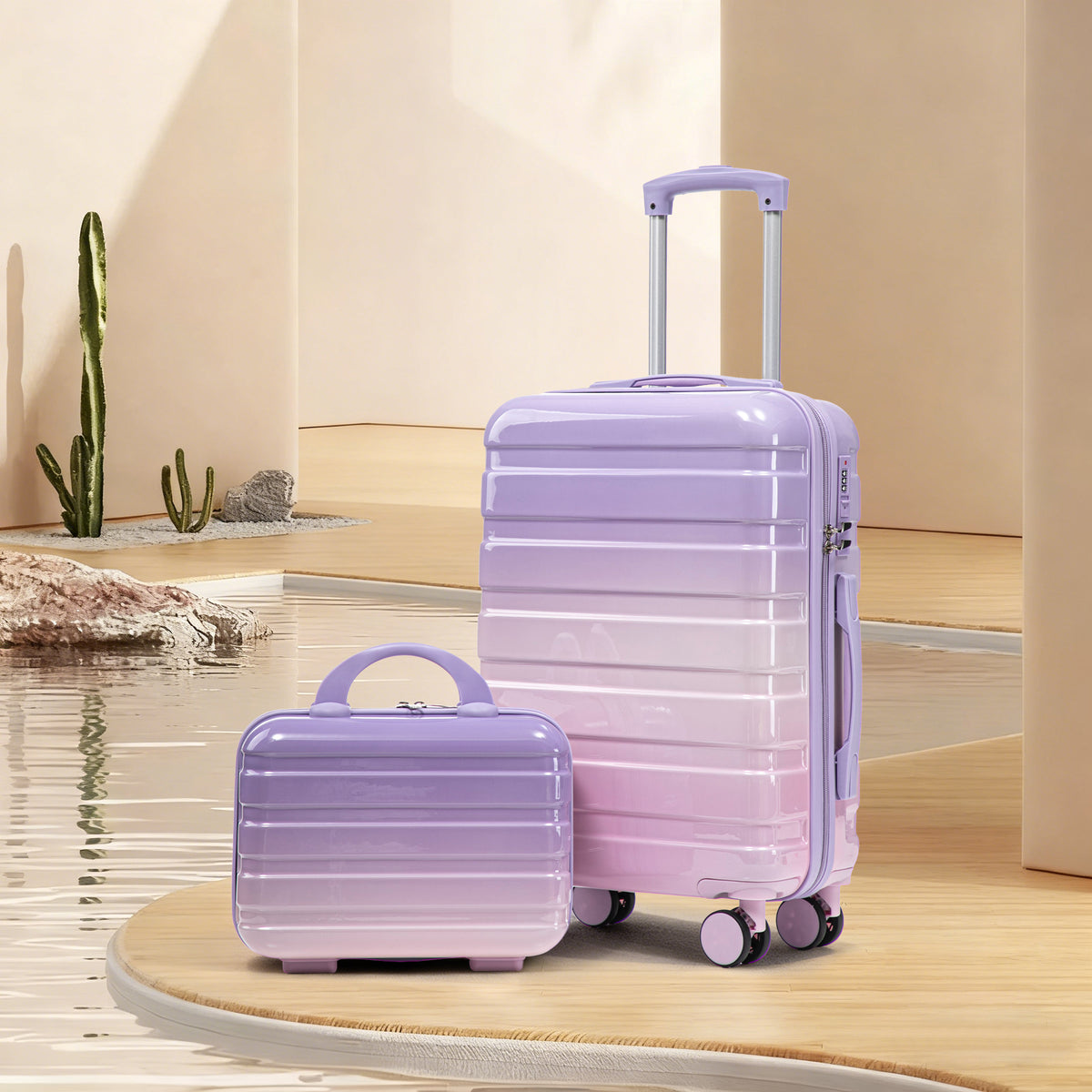 GDFStudio Riley 2-Piece Luggage Set, 20-Inch PC Spinner Suitcase with 14-Inch Cosmetic Case, Pink/Purple