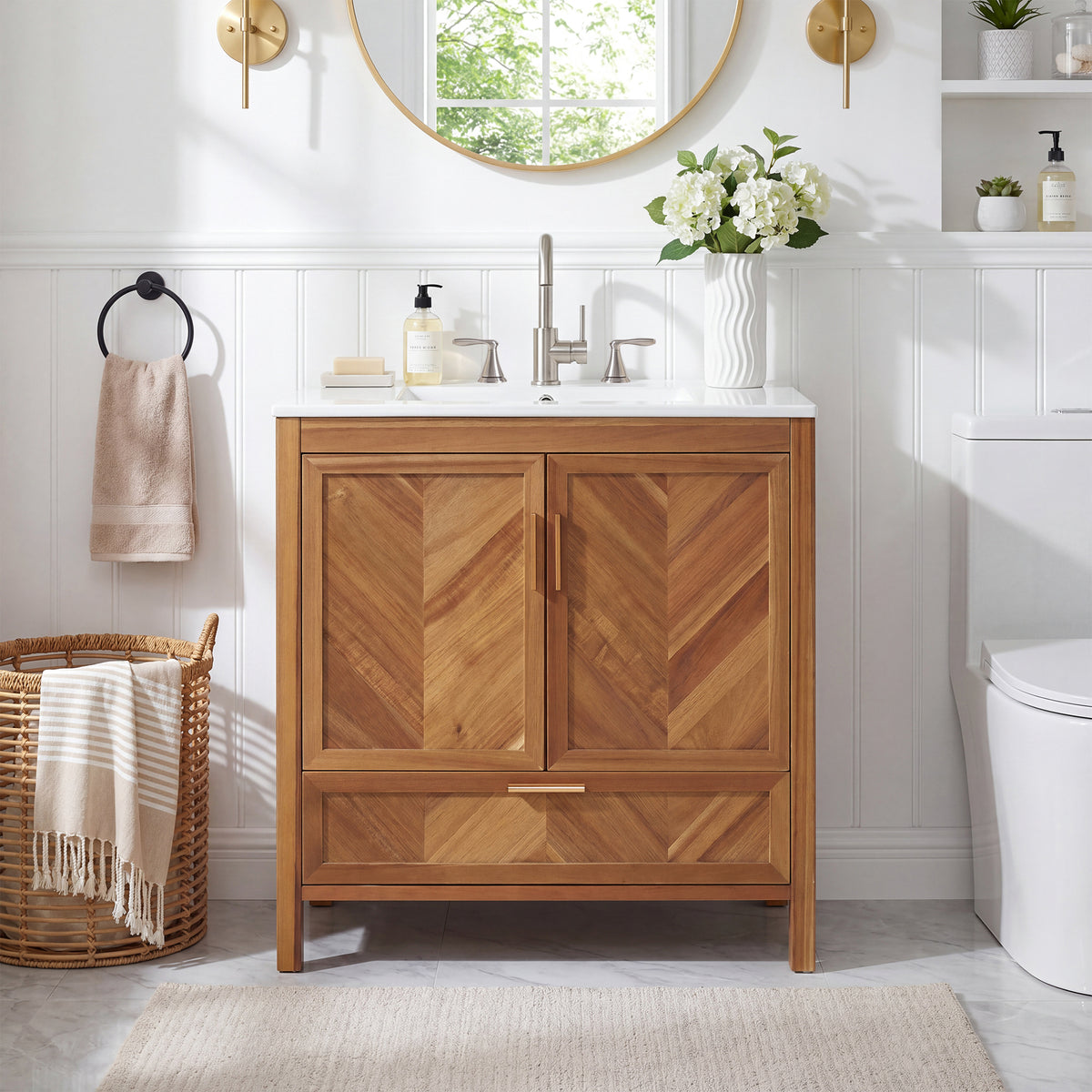 GDFStudio Pradeep 30-Inch Farmhouse Bathroom Vanity with Ceramic Sink and Acacia Herringbone Cabinet, Wood/White