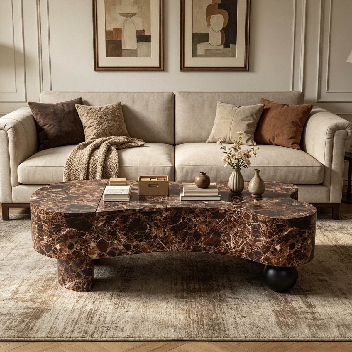 GDFStudio Bertie 47-Inch Modern Irregular Coffee Table with Faux Travertine Top and Hidden Storage, Walnut