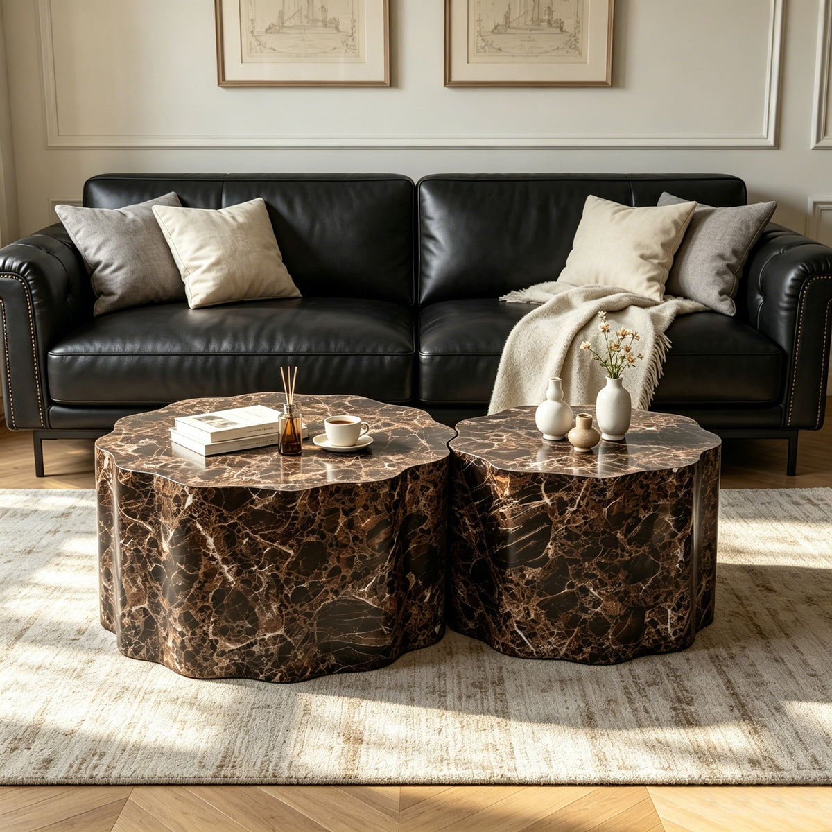 GDFStudio Clara 2-Piece Round Wood Coffee Table Set with Faux Travertine Walnut Marble Tops, Walnut