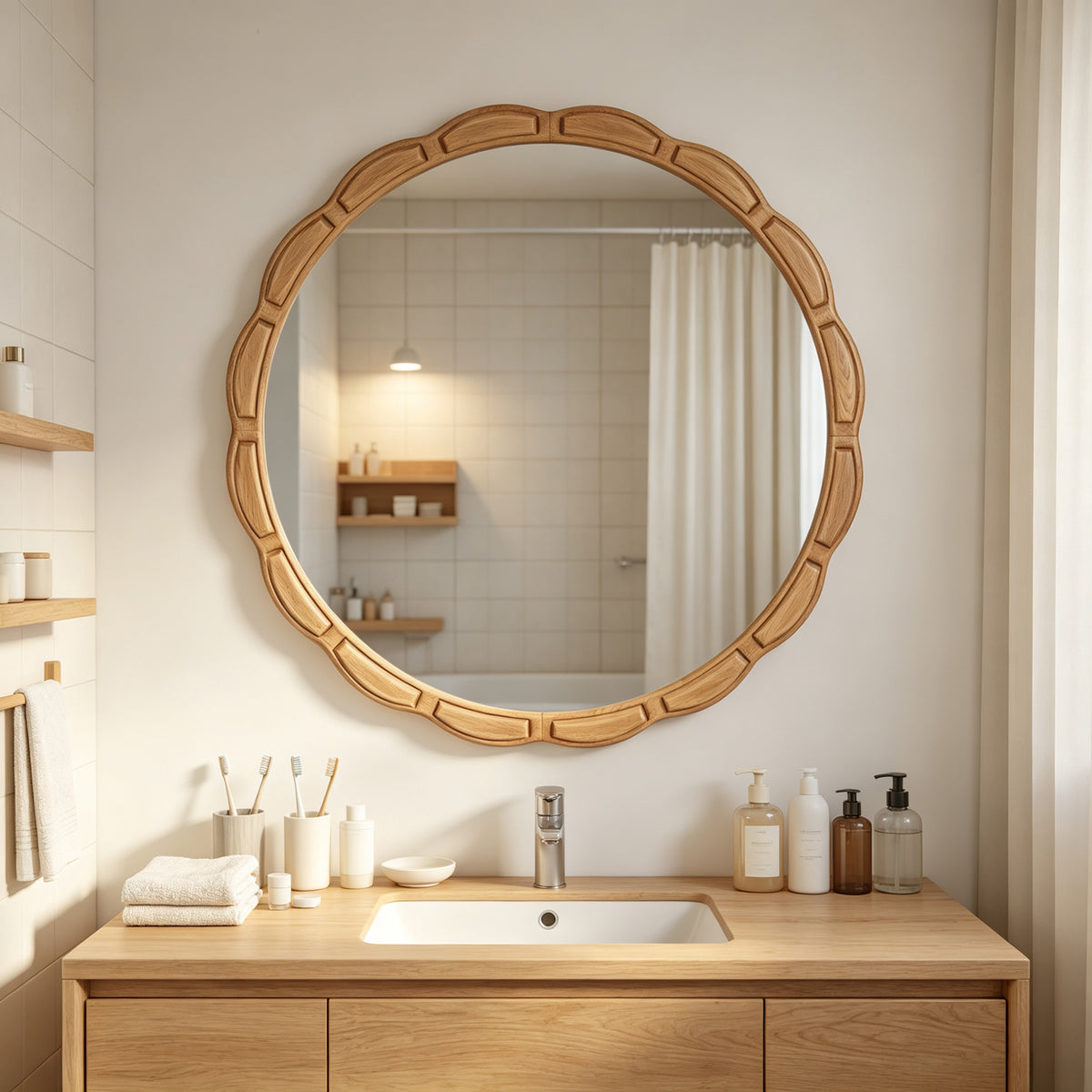 GDFStudio Laleh 31.5" Farmhouse Round Wall Mirror with Hand-Carved Solid Wood Frame, Natural