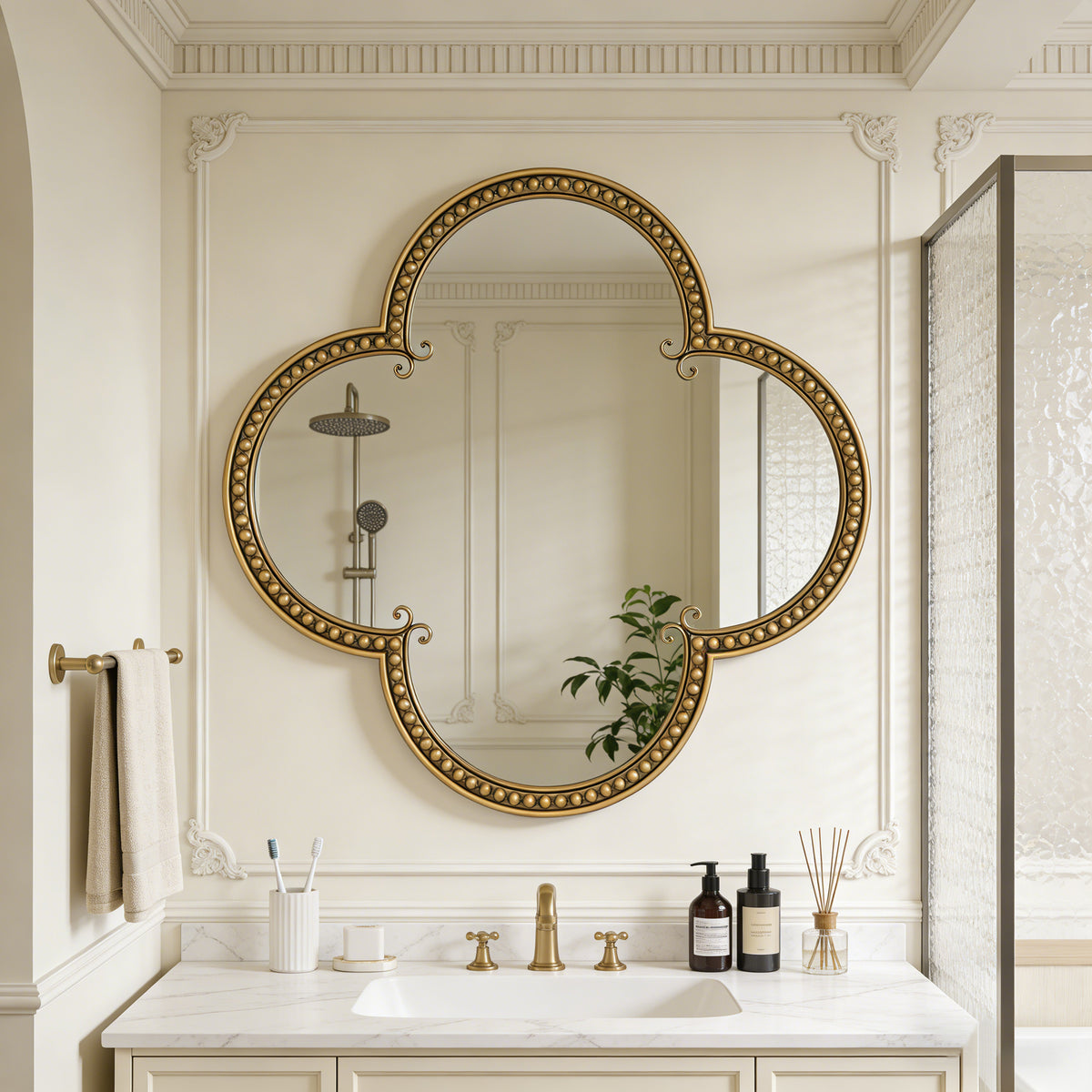 GDFStudio Isabella 31.5-Inch Quatrefoil Wall Mirror with Beaded Detail and Metal Frame, Gold