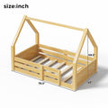 GDFStudio Milo Montessori Modern Wood Kids House Floor Bed Frame with Roof Frame and Guardrails, Natural, Twin