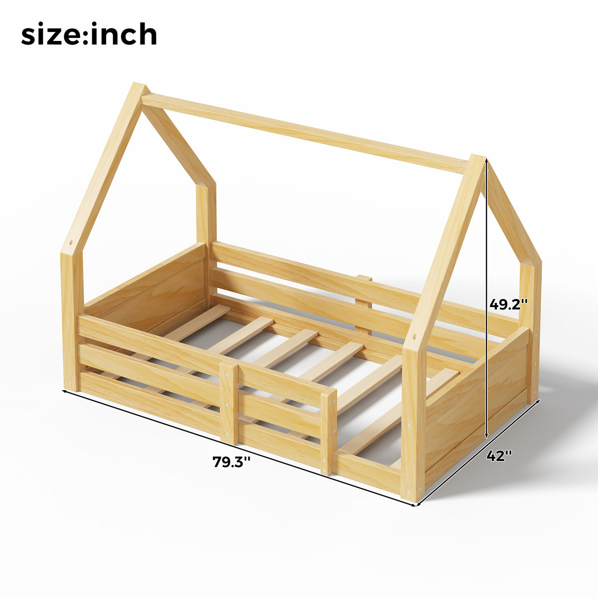 GDFStudio Milo Montessori Modern Wood Kids House Floor Bed Frame with Roof Frame and Guardrails, Natural, Twin