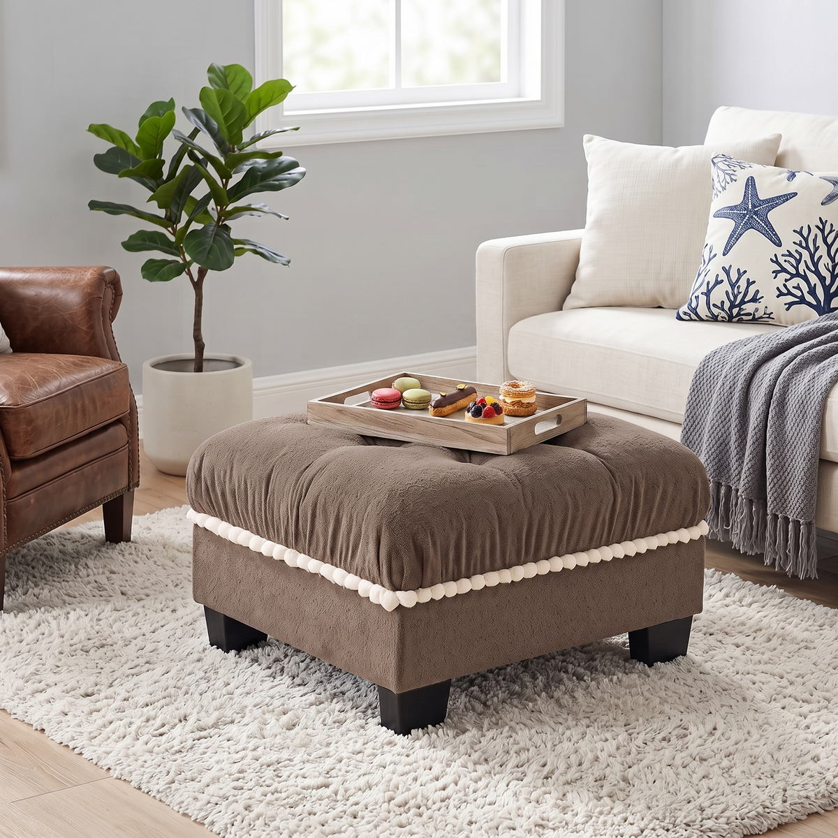 GDFStudio Pallas Modern Chenille Upholstered Tufted Ottoman, Brown