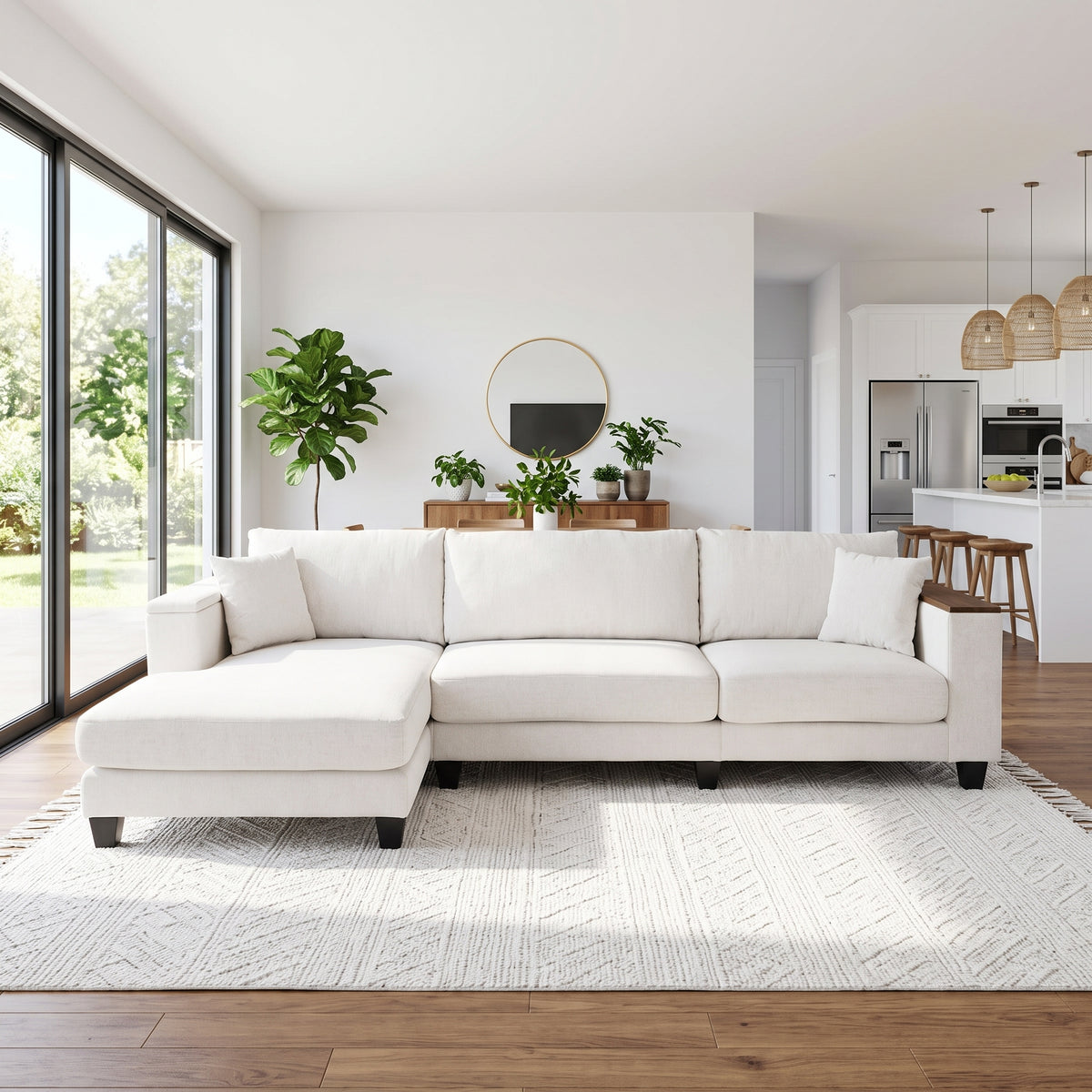 GDFStudio Charlotte 114.5  Chenille Upholstered  L-Shaped Wood Sectional Sofa with Hidden Storage, Beige