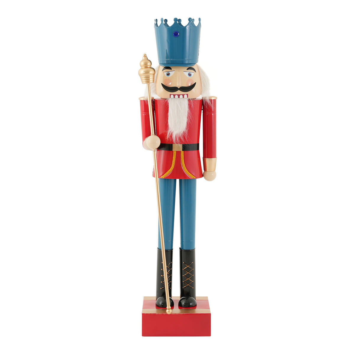 Christopher Knight Home Ahti Modern 64"H Oversized Patio Iron Nutcracker Christmas Statue with Golden Scepter, Blue/Red