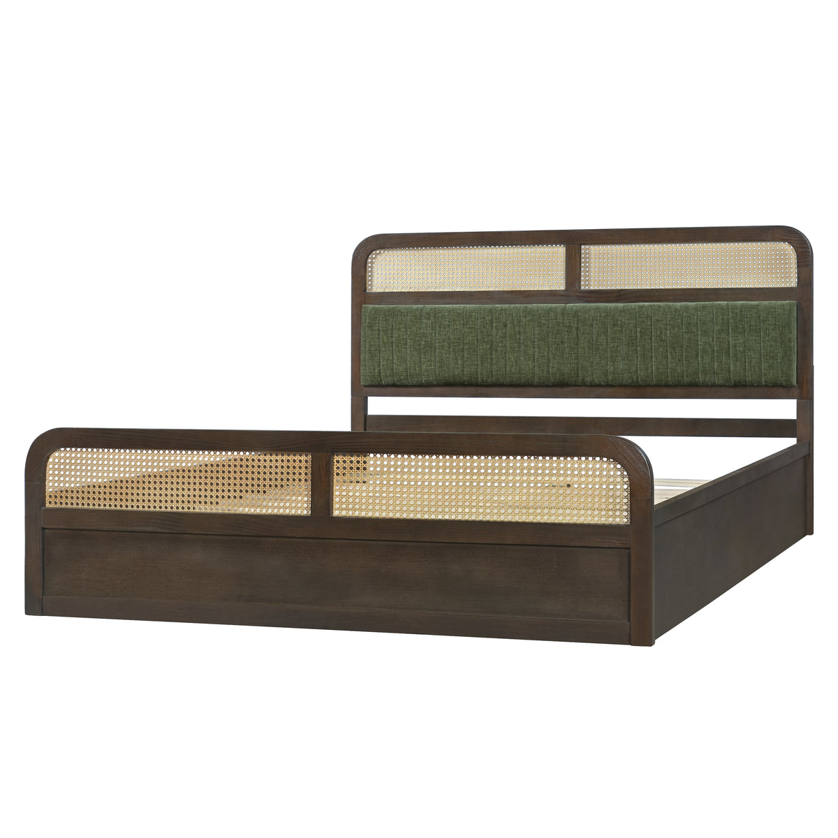 Christopher Knight Home Koa Farmhouse Bed Frame with Rattan and Upholstered Headboard, Walnut/Green, Queen