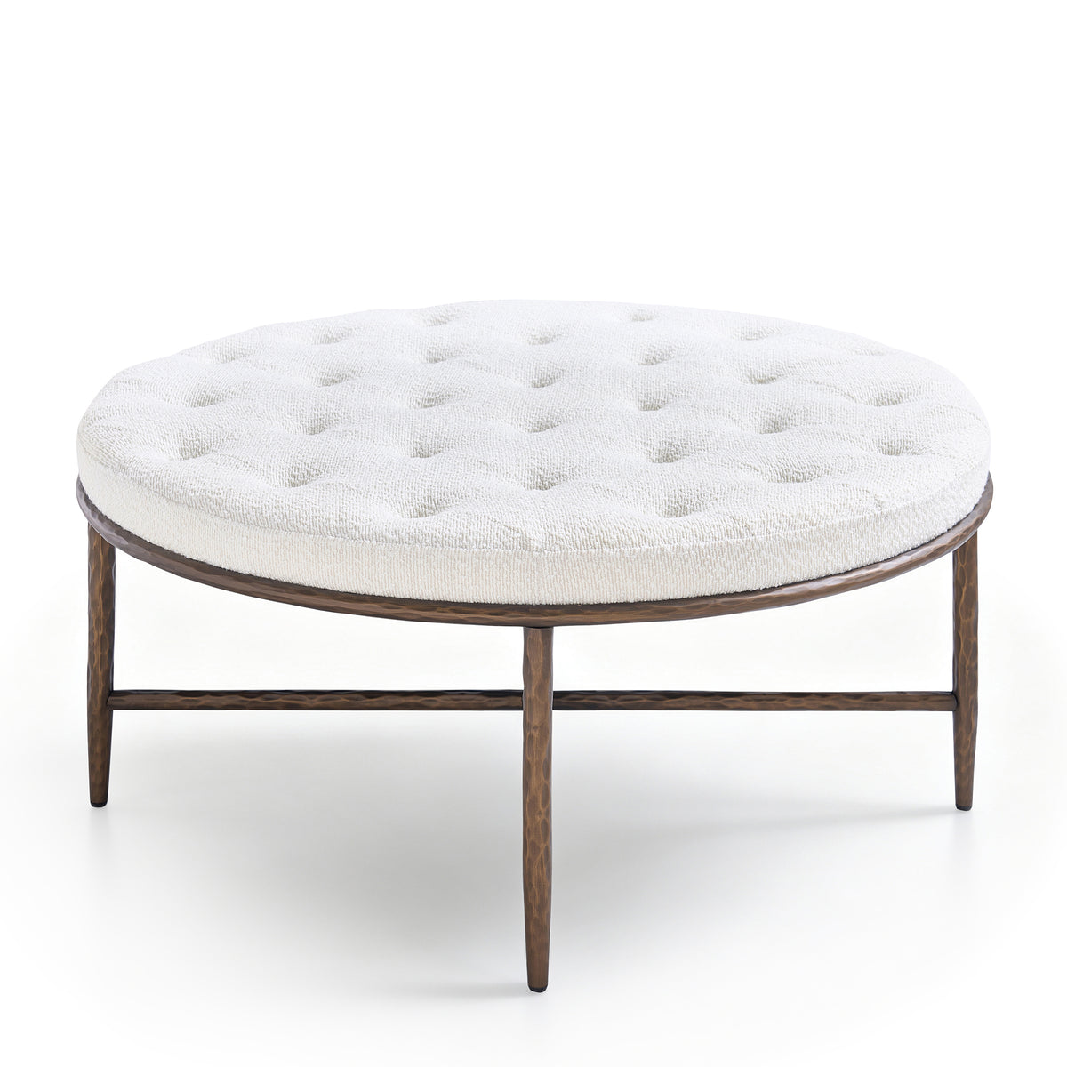 GDFStudio Celina French Country Tufted Ottoman Coffee Table with Hammered Metal X-Base, Beige Boucle, Round