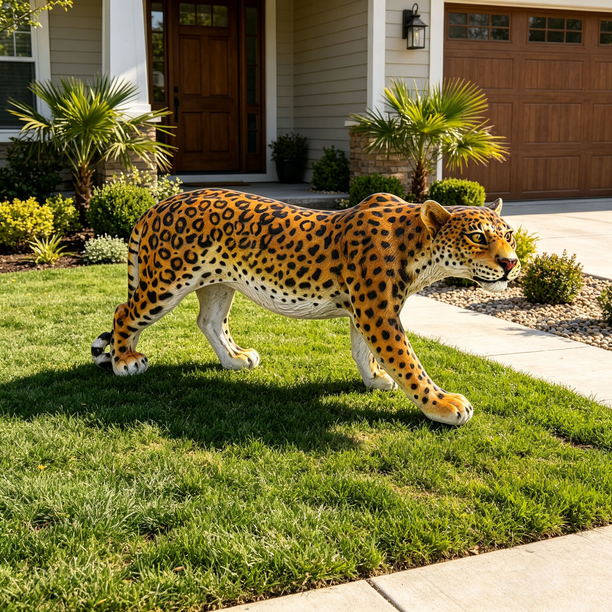 GDFStudio Everett Outdoor 31.5  Realistic Leopard Resin Garden Statue, Bright Yellow