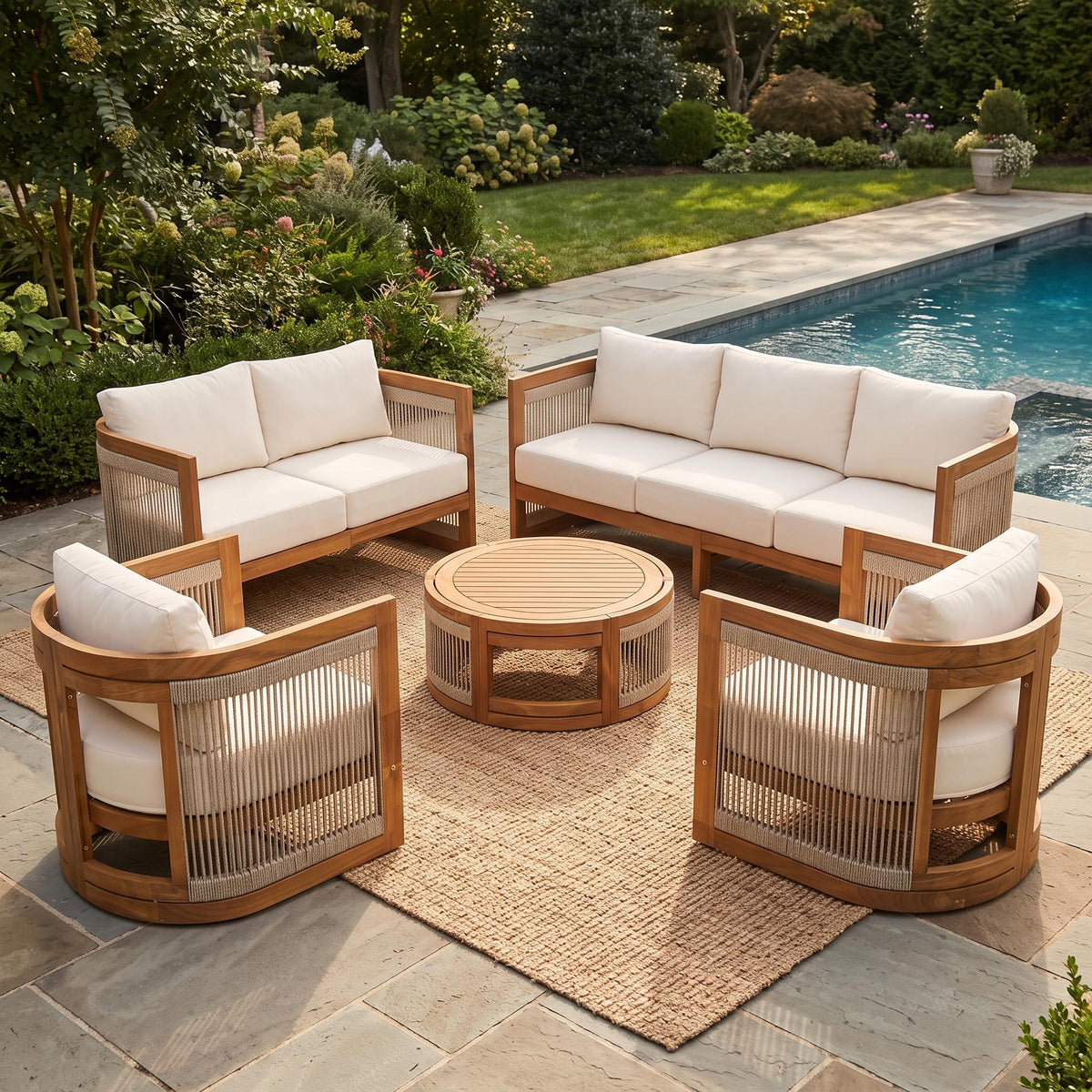 Christopher Knight Home Iago Boho 5 Piece Acacia Patio Chat Set with Water-Resistant Cushions and Rope Accent, Teak/Beige