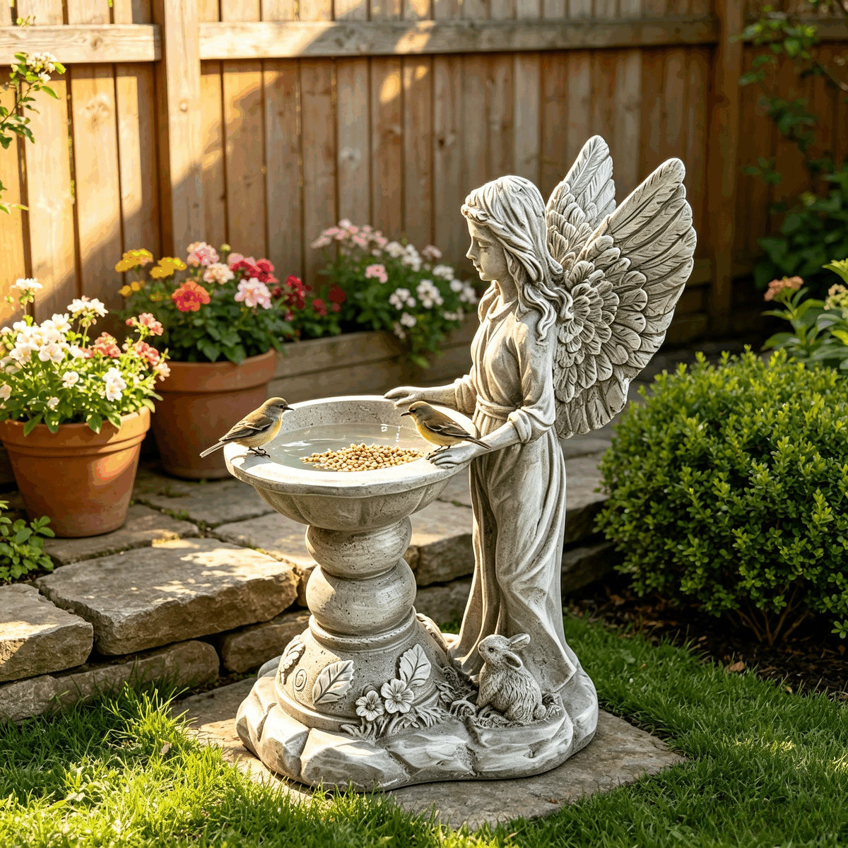GDFStudio Clara 15.75  Angel Bird Bath Resin Statue, Gray