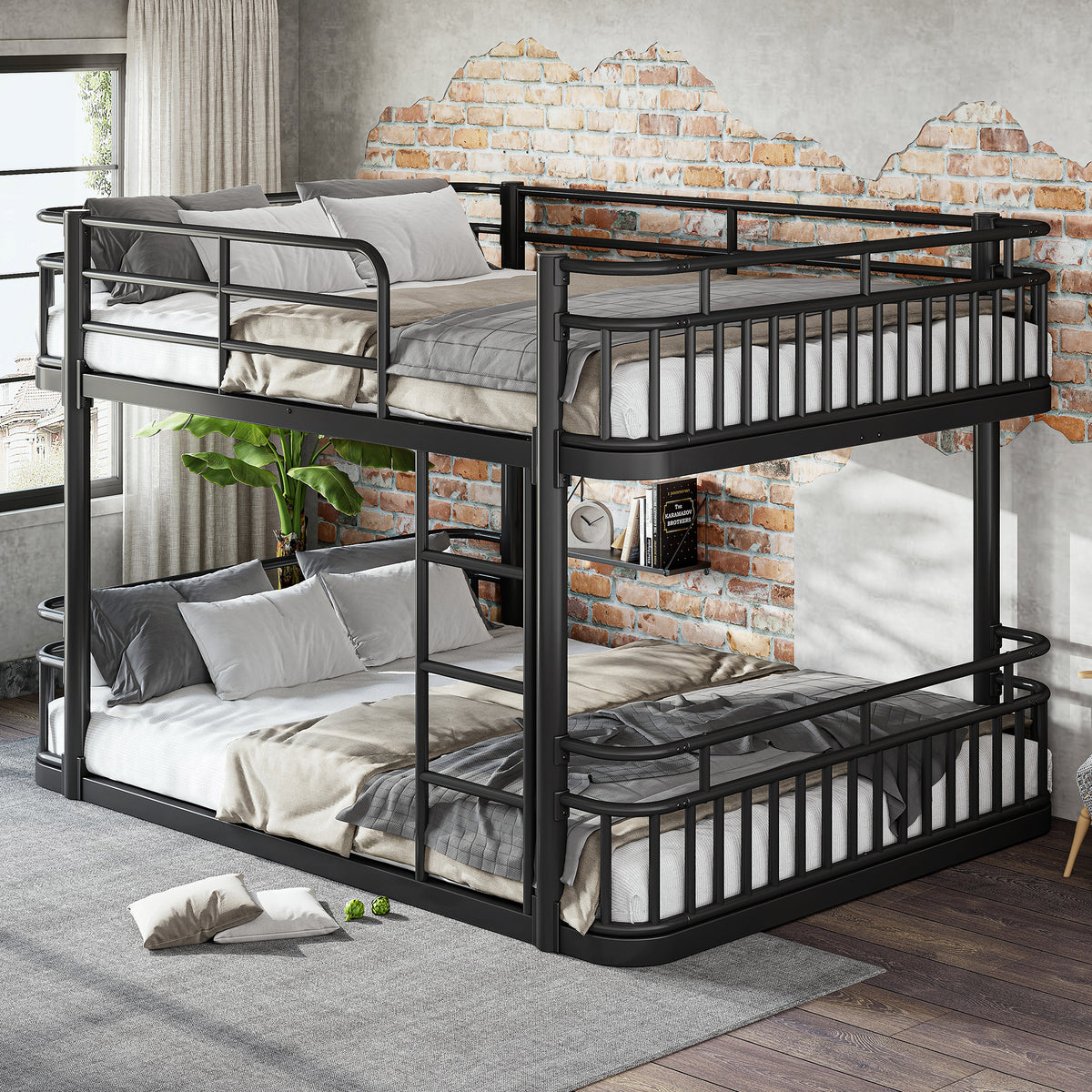 GDFStudio Saleh Modern Metal Bunk Bed with Ladders and Guardrails, Black, Queen over Queen