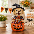GDFStudio Asael Halloween 12.6"H Resin Puppy Decor with Pumpkin Candy Bowl, Beige/Orange-Red