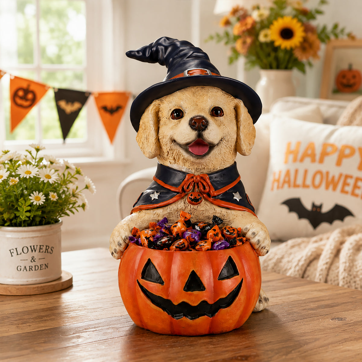 GDFStudio Asael Halloween 12.6"H Resin Puppy Decor with Pumpkin Candy Bowl, Beige/Orange-Red