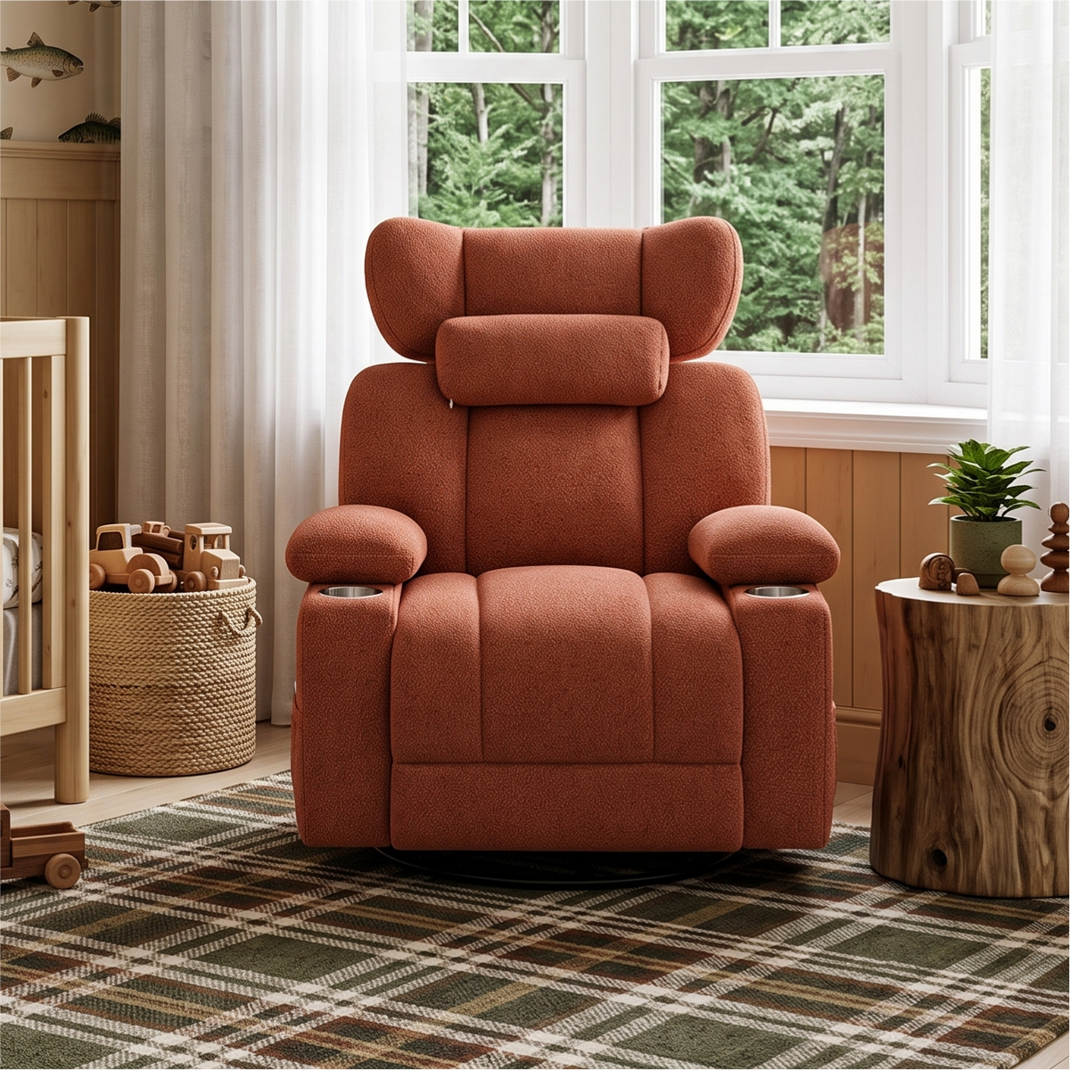 GDFStudio Ethan Chenille Upholstered Manual Rocking Recliner with 360  Swivel Base and Adjustable Neck Pillow, Orange