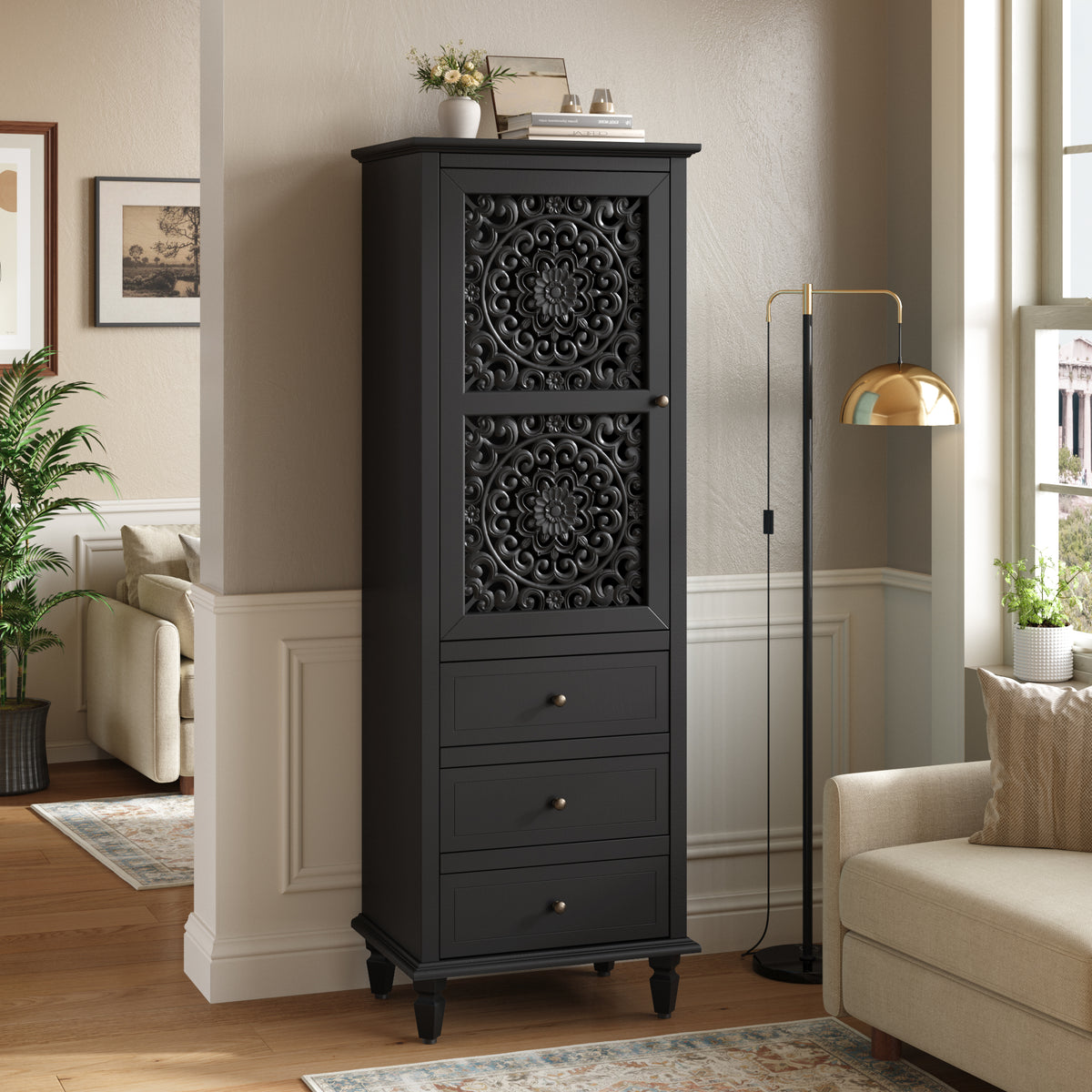GDFStudio Zolio 63  Tall Farmhouse Wooden Accent Cabinet with Carved Door and 3 Drawers, Black