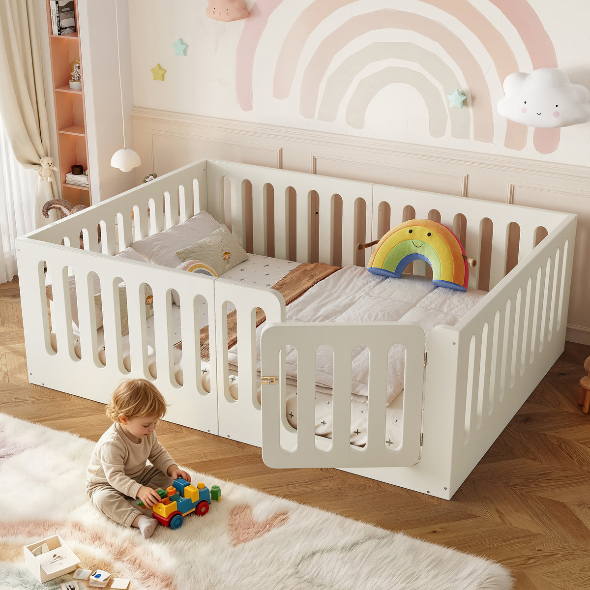 GDFStudio Emma Montessori Solid Wood Floor Bed with Built-In Door and Low Profile Design, Beige, Full