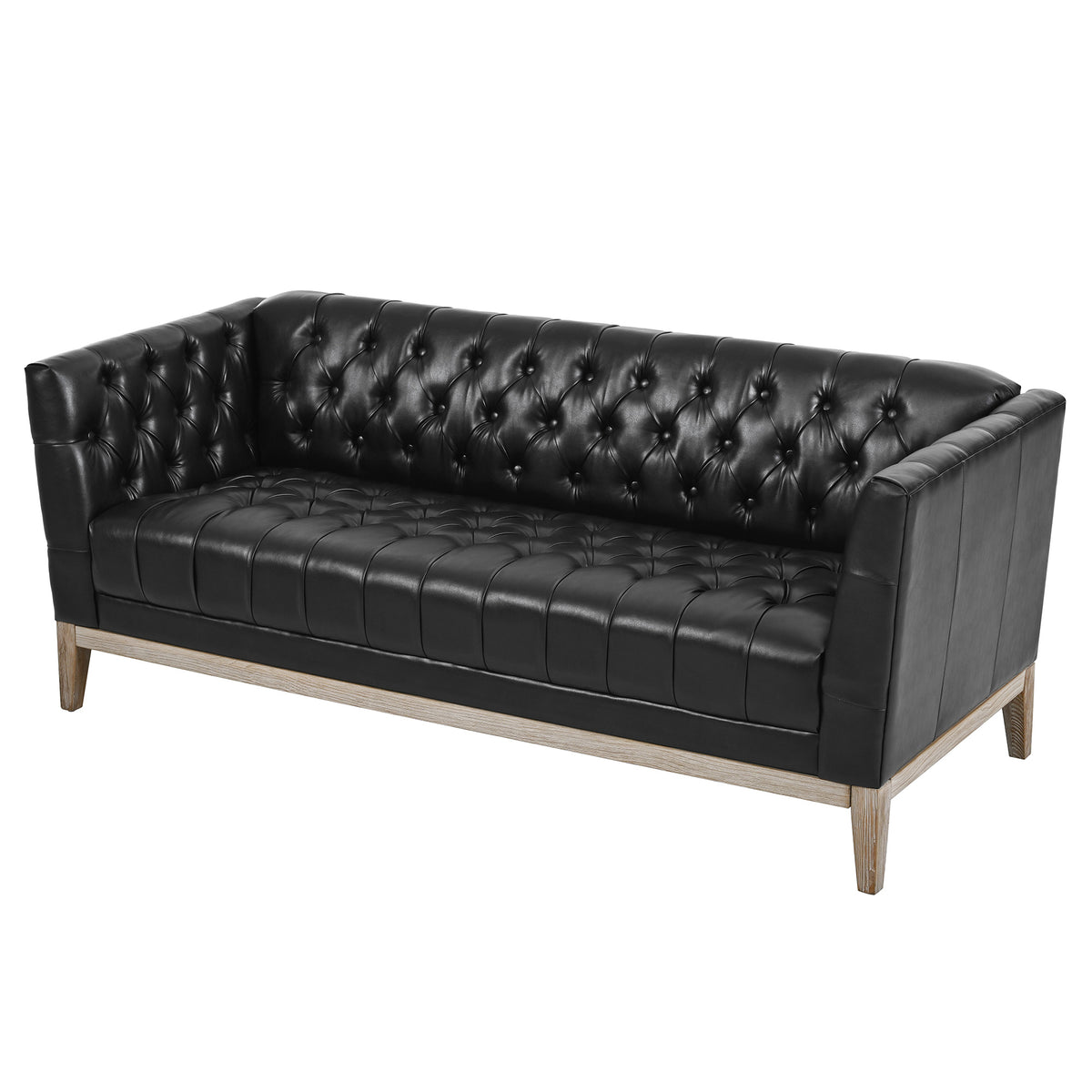 GDFStudio Bennett Mid-Century Faux Leather 3-Seat Button Tufted Chesterfield Sofa, Black