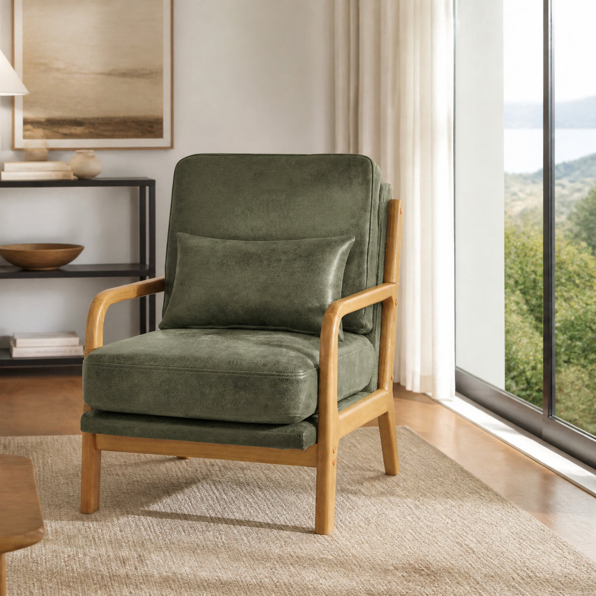 GDFStudio Ethan Modern Solid Wood Fabric Upholstered Accent Chair, Olive Green