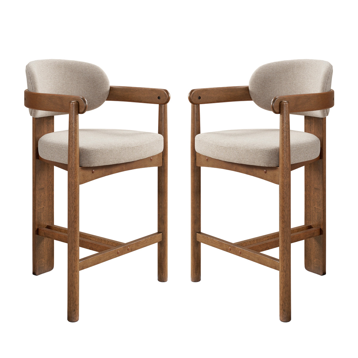 Christopher Knight Home Sela Modern Upholstered Counter Stools with Rubberwood Legs and Curved Back, Beige/Walnut, Set of 2
