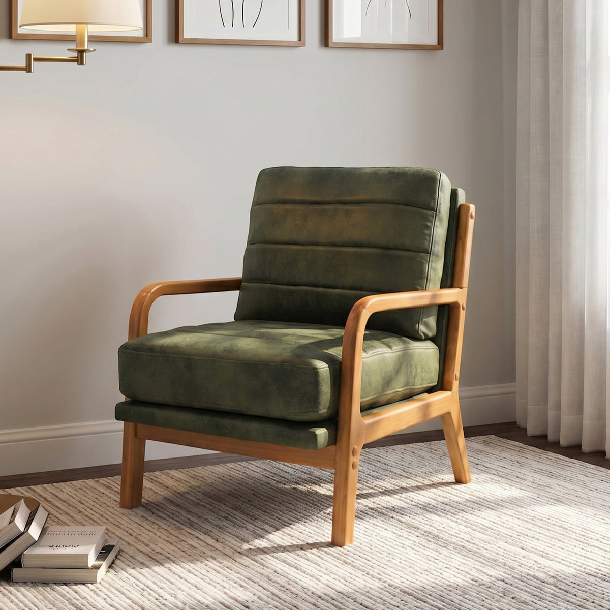 GDFStudio Mosaic Mid-Century Modern Solid Wood Foil Fabric Accent Chair with with Curved Armrests, Olive Green
