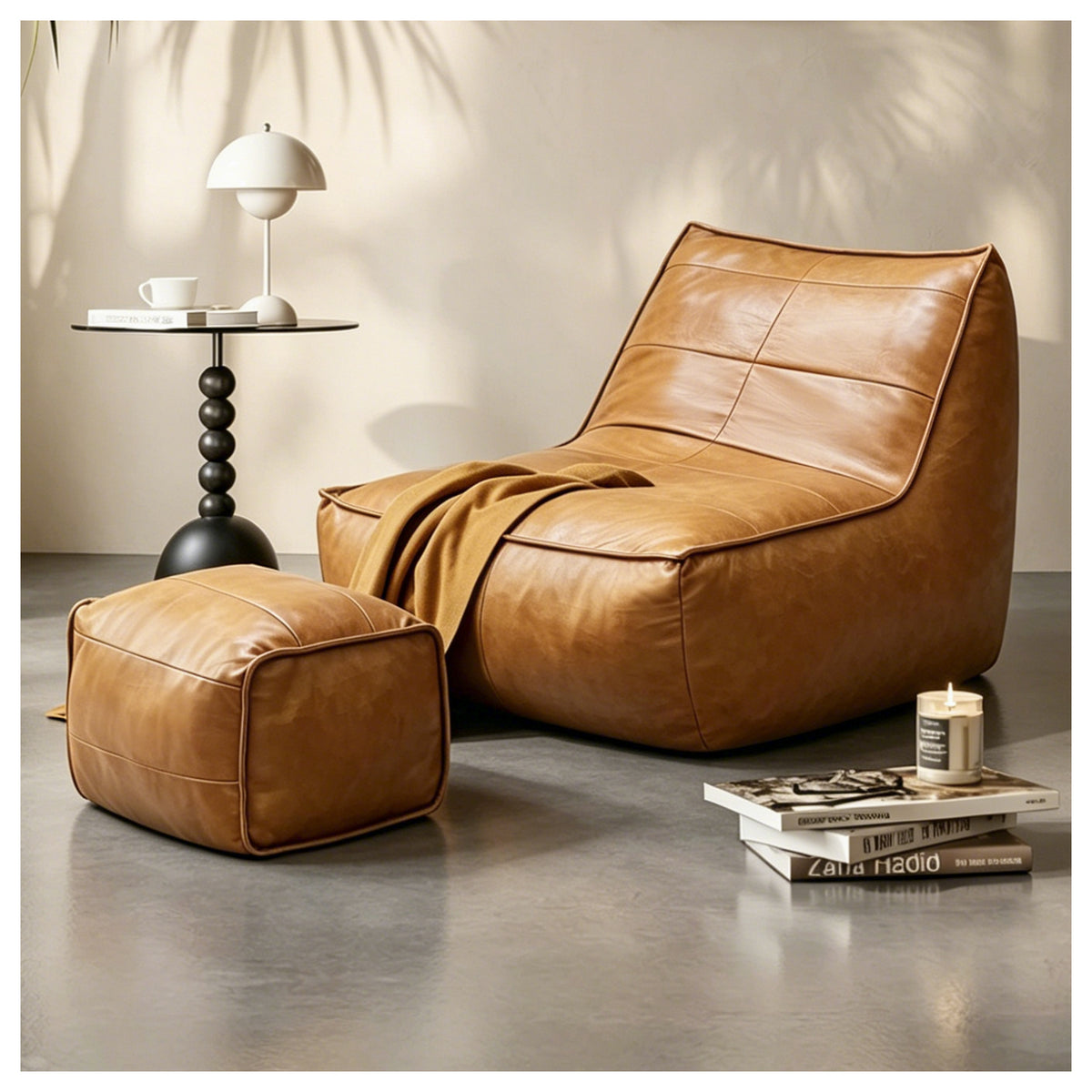 GDFStudio Vesper Faux Leather Upholstered Bean Bag Chair with Ottoman, Brown