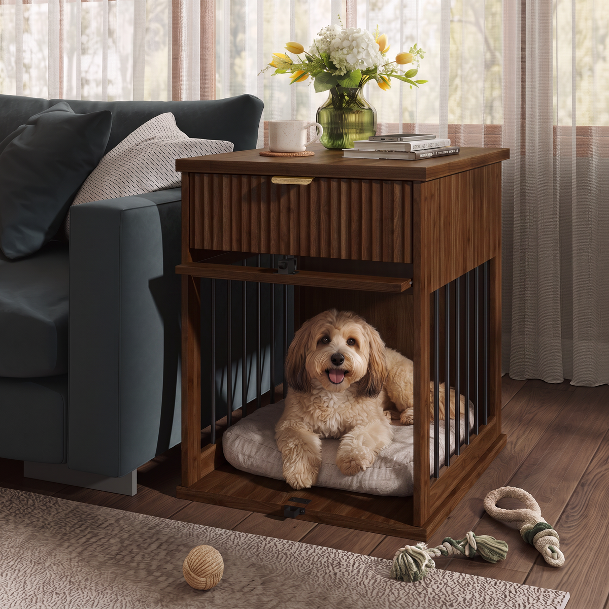 GDFStudio Nelly Modern Multi-Functional Pet Station End Table with Tempered Glass Door, Antique brown
